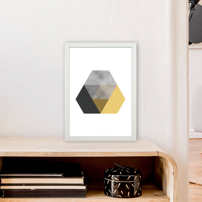 Geometric Mustard And Black Hexagon  Art Print by Pixy Paper A3 Oak Frame