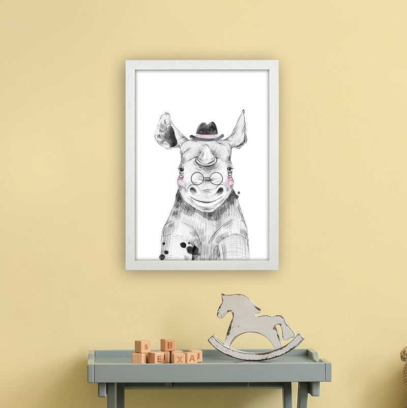 Safari Babies Rhino With Hat  Art Print by Pixy Paper A3 Oak Frame