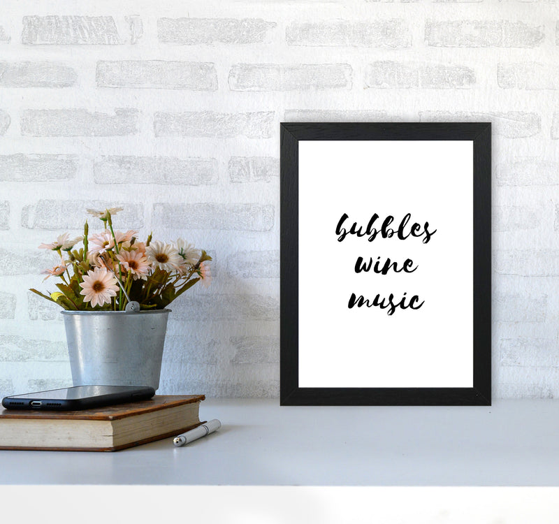 Bubbles Wine Music, Bathroom Framed Typography Wall Art Print A4 White Frame