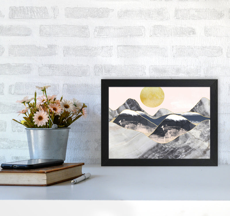 Gold Moon Navy Marble Mountains Landscape  Art Print by Pixy Paper A4 White Frame