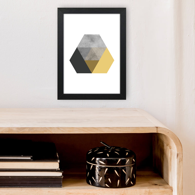 Geometric Mustard And Black Hexagon  Art Print by Pixy Paper A4 White Frame