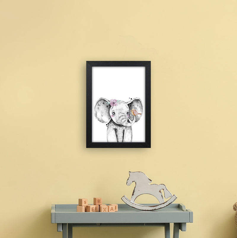 Safari Babies Elephant With Flower  Art Print by Pixy Paper A4 White Frame