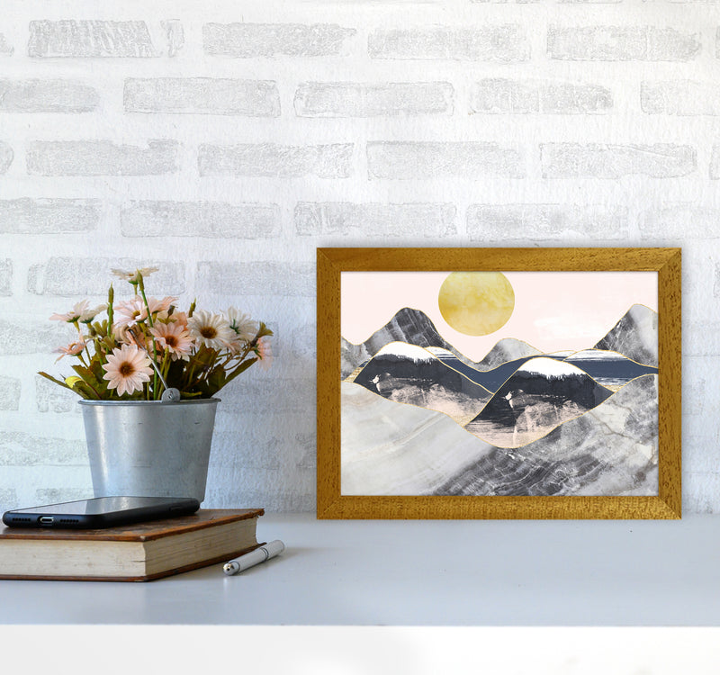 Gold Moon Navy Marble Mountains Landscape  Art Print by Pixy Paper A4 Print Only