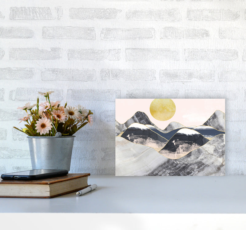 Gold Moon Navy Marble Mountains Landscape  Art Print by Pixy Paper A4 Black Frame