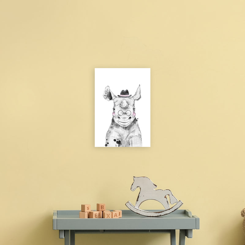 Safari Babies Rhino With Hat  Art Print by Pixy Paper A4 Black Frame