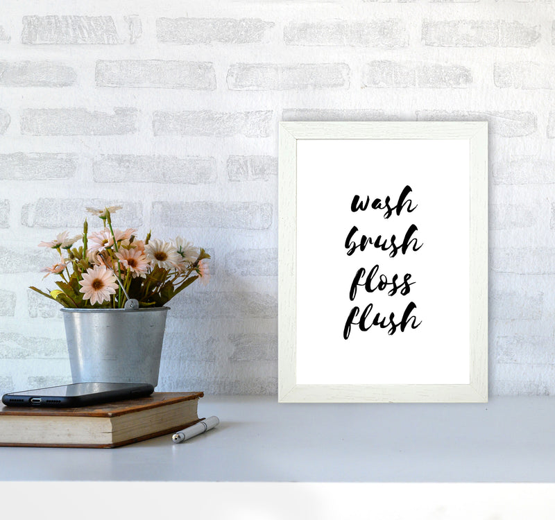 Wash Brush Floss Flush, Bathroom Modern Print, Framed Bathroom Wall Art A4 Oak Frame