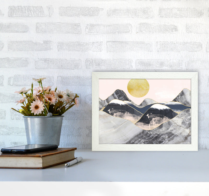 Gold Moon Navy Marble Mountains Landscape  Art Print by Pixy Paper A4 Oak Frame