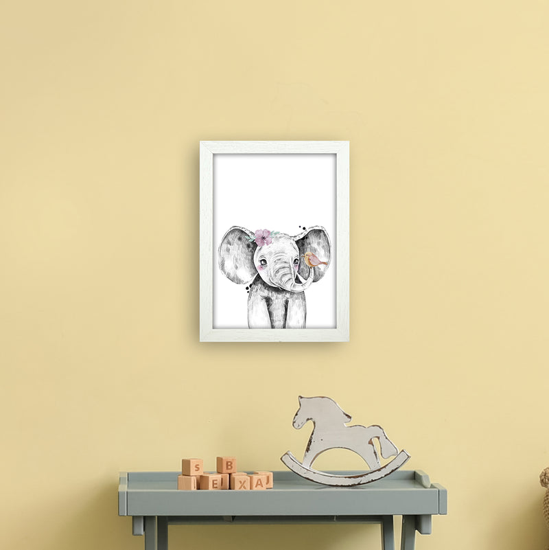Safari Babies Elephant With Flower  Art Print by Pixy Paper A4 Oak Frame