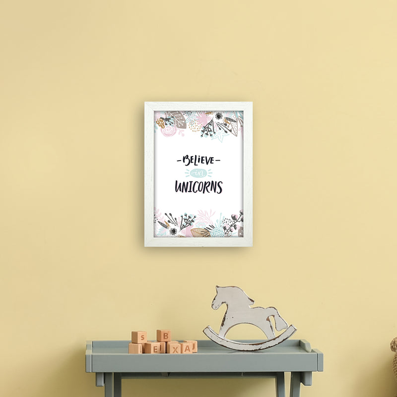 Believe In Unicorns Floral  Art Print by Pixy Paper A4 Oak Frame