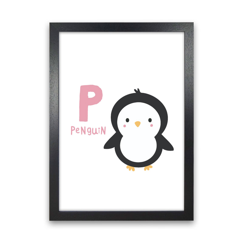 Alphabet Animals, P Is For Penguin Framed Nursey Wall Art Print Black Grain