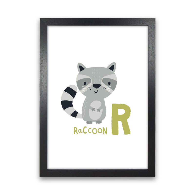Alphabet Animals, R Is For Raccoon Framed Nursey Wall Art Print Black Grain