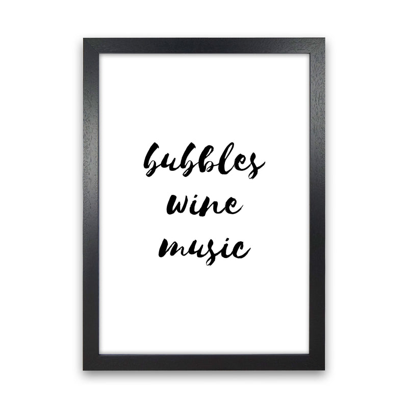 Bubbles Wine Music, Bathroom Framed Typography Wall Art Print Black Grain