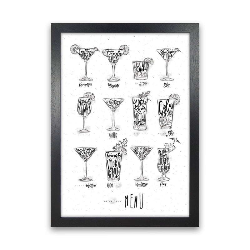 Cocktails Menu Modern Print, Framed Kitchen Wall Art Black Grain