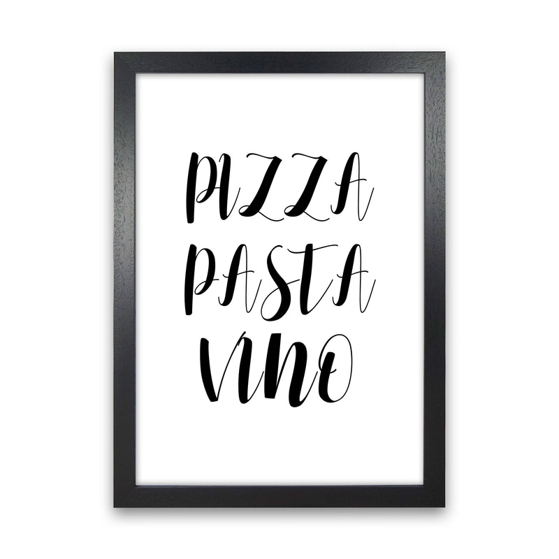 Pizza Pasta Vino Modern Print, Framed Kitchen Wall Art Black Grain
