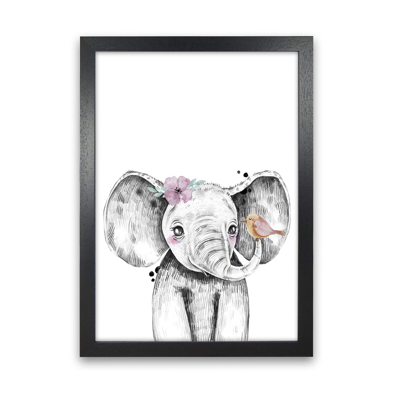 Safari Babies Elephant With Flower  Art Print by Pixy Paper Black Grain
