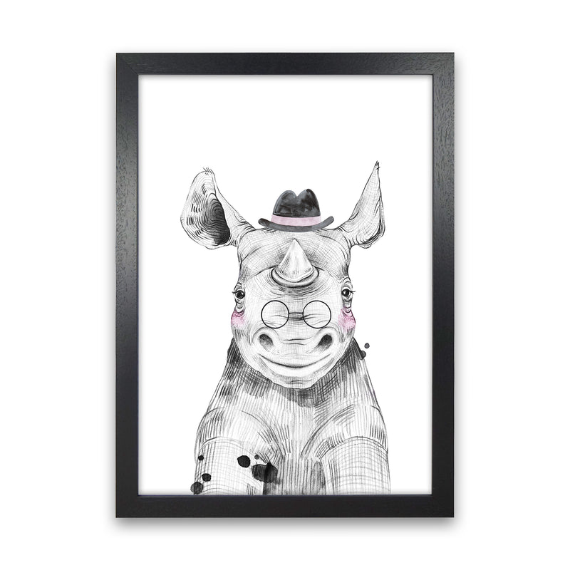 Safari Babies Rhino With Hat  Art Print by Pixy Paper Black Grain
