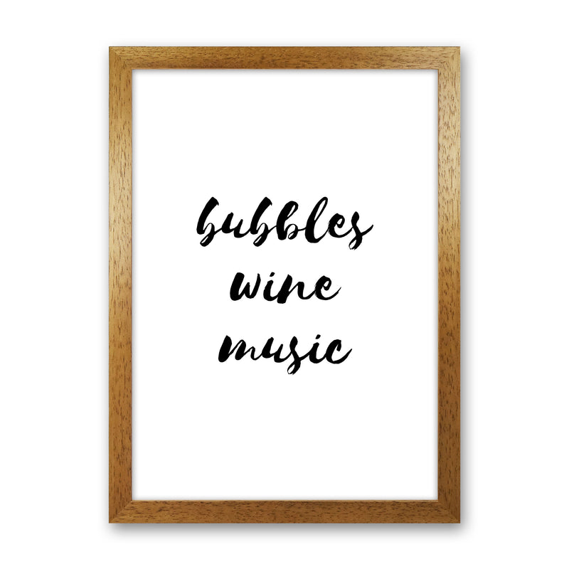 Bubbles Wine Music, Bathroom Framed Typography Wall Art Print Oak Grain