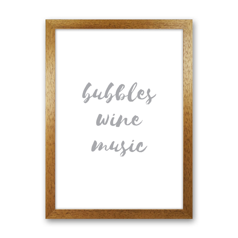 Bubbles Wine Music Grey, Bathroom Framed Typography Wall Art Print Oak Grain