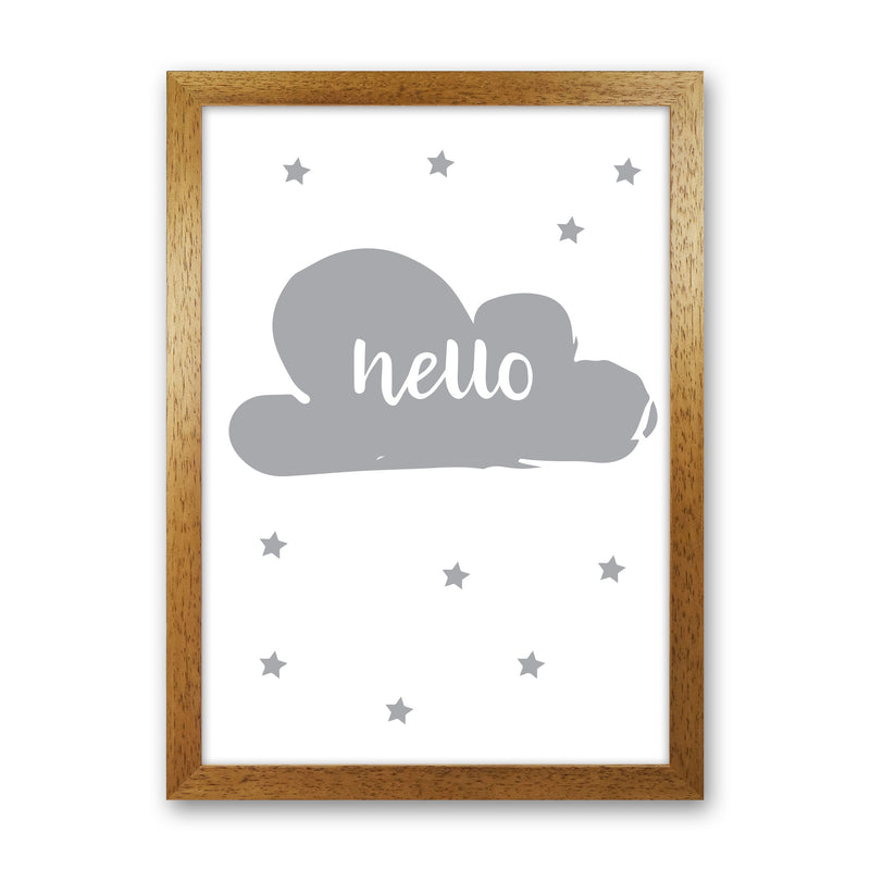 Hello Cloud Grey Framed Nursey Wall Art Print Oak Grain