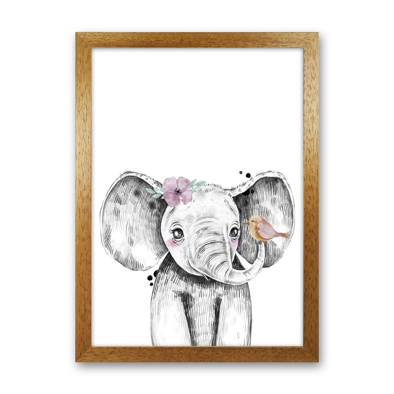 Safari Babies Elephant With Flower  Art Print by Pixy Paper Oak Grain