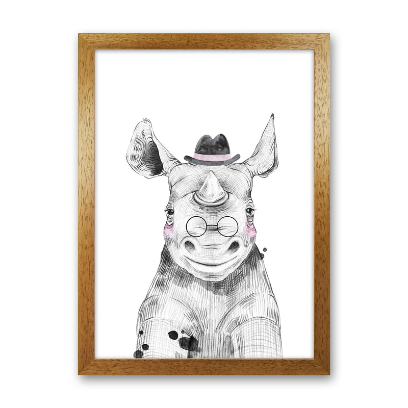 Safari Babies Rhino With Hat  Art Print by Pixy Paper Oak Grain