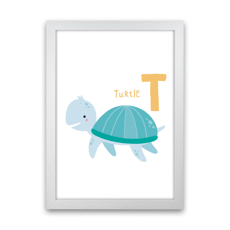 Alphabet Animals, T Is For Turtle Framed Nursey Wall Art Print White Grain