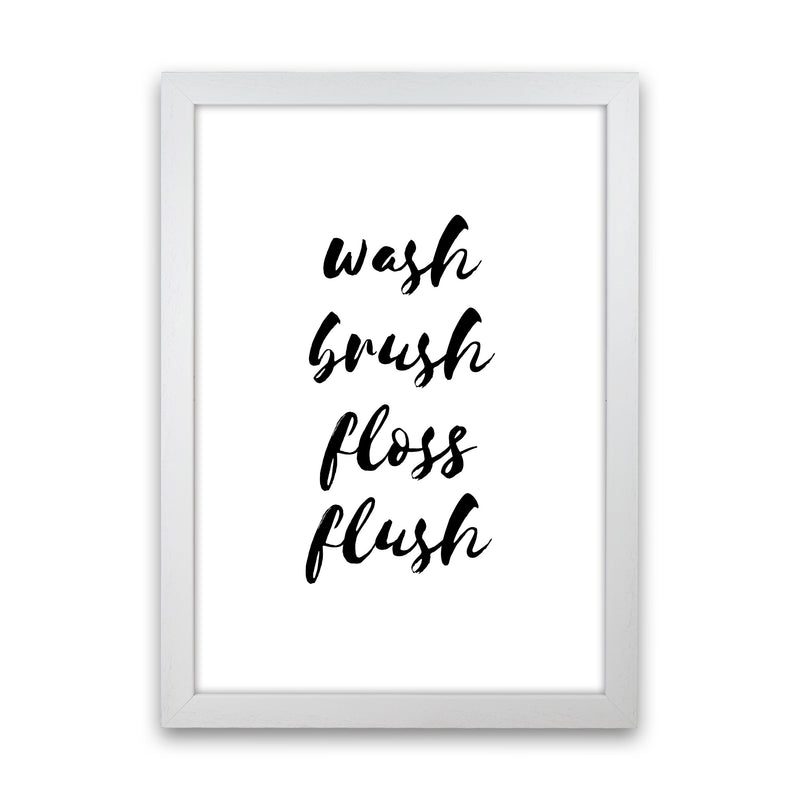 Wash Brush Floss Flush, Bathroom Modern Print, Framed Bathroom Wall Art White Grain