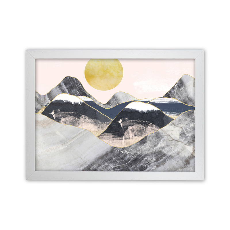 Gold Moon Navy Marble Mountains Landscape  Art Print by Pixy Paper White Grain