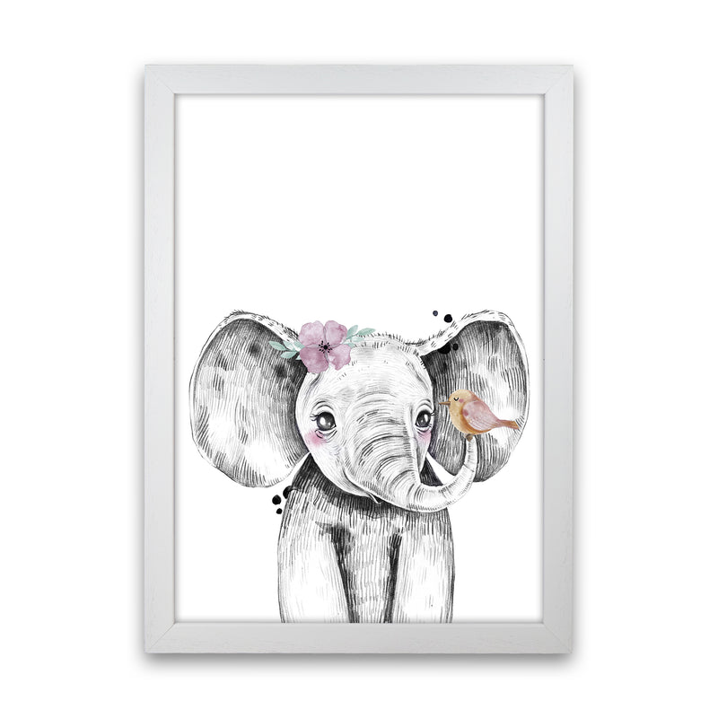 Safari Babies Elephant With Flower  Art Print by Pixy Paper White Grain
