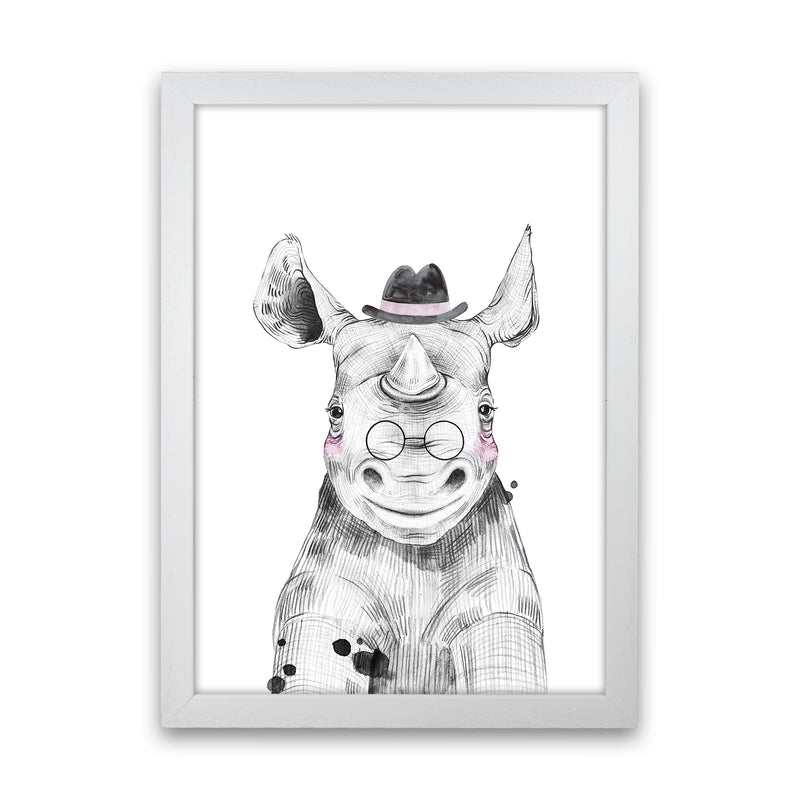 Safari Babies Rhino With Hat  Art Print by Pixy Paper White Grain