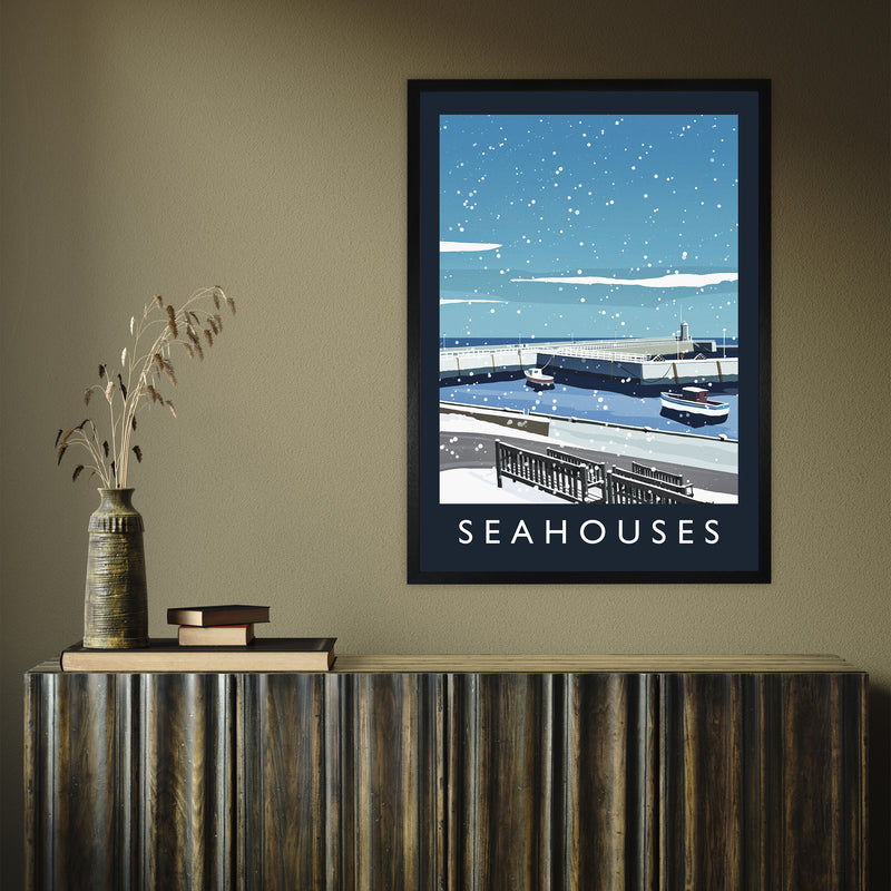 Seahouses (snow) portrait by Richard O'Neill A1 Black Frame