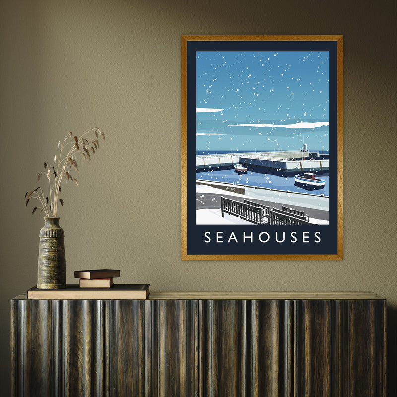 Seahouses (snow) portrait by Richard O'Neill A1 Oak Frame