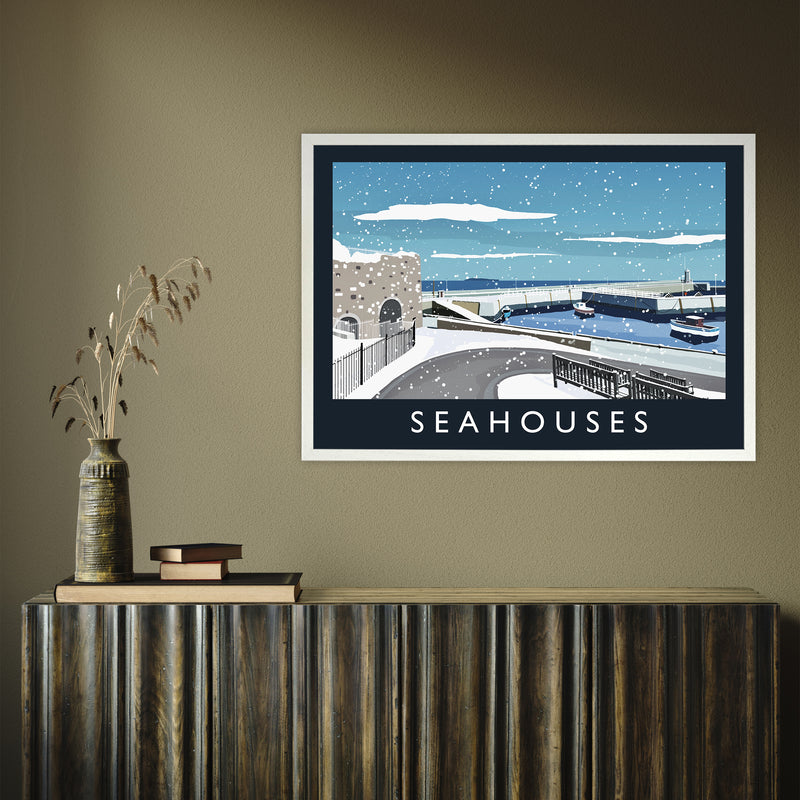 Seahouses (snow) by Richard O'Neill A1 White Frame
