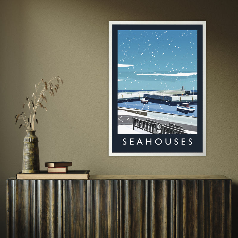 Seahouses (snow) portrait by Richard O'Neill A1 White Frame