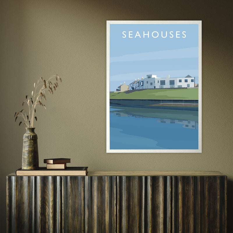 Seahouses 2 portrait by Richard O'Neill A1 White Frame