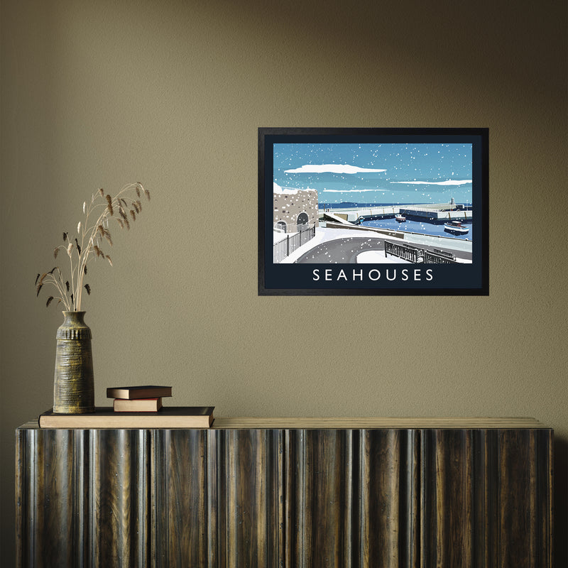 Seahouses (snow) by Richard O'Neill A2 Black Frame