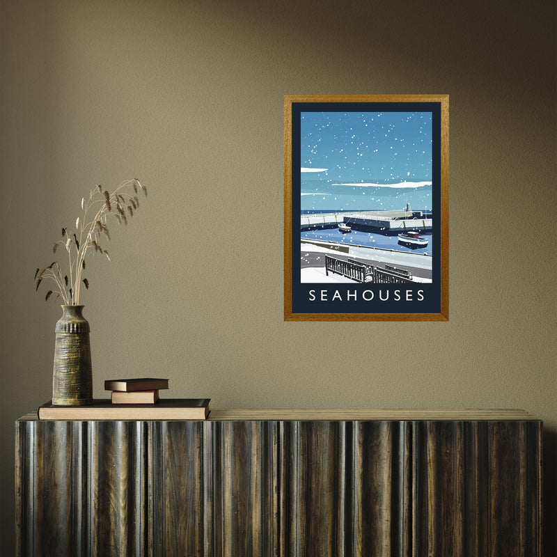 Seahouses (snow) portrait by Richard O'Neill A2 Oak Frame