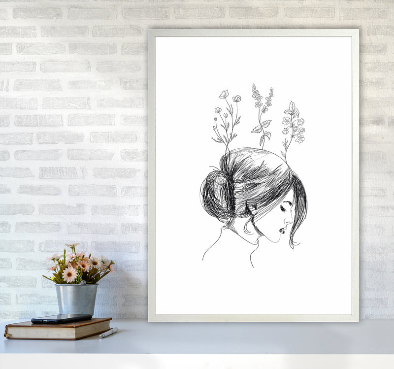 Hand Drawn Flower Girl Art Print by Seven Trees Design A1 Oak Frame