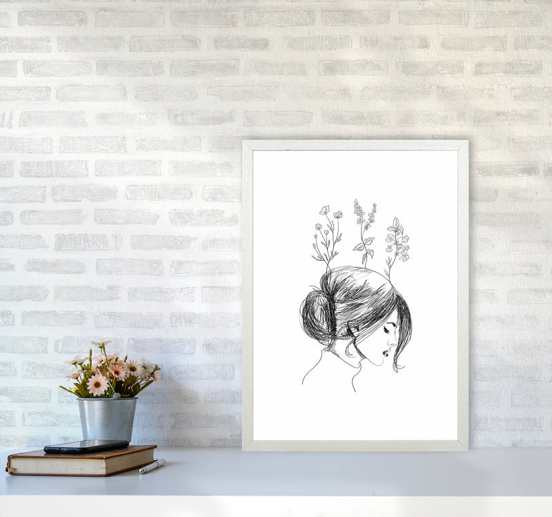 Hand Drawn Flower Girl Art Print by Seven Trees Design A2 Oak Frame