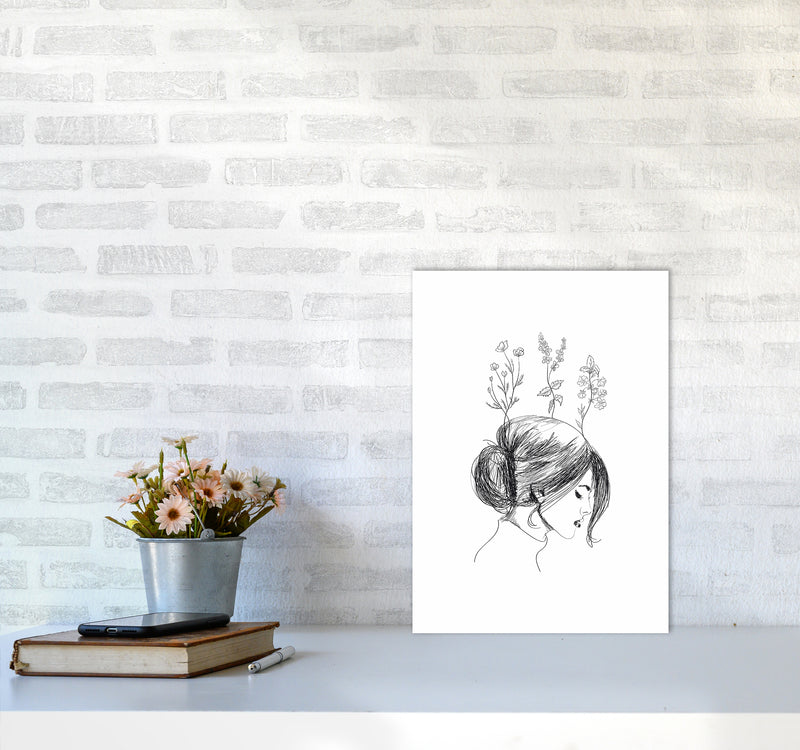 Hand Drawn Flower Girl Art Print by Seven Trees Design A3 Black Frame