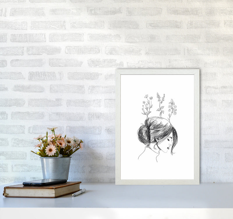 Hand Drawn Flower Girl Art Print by Seven Trees Design A3 Oak Frame