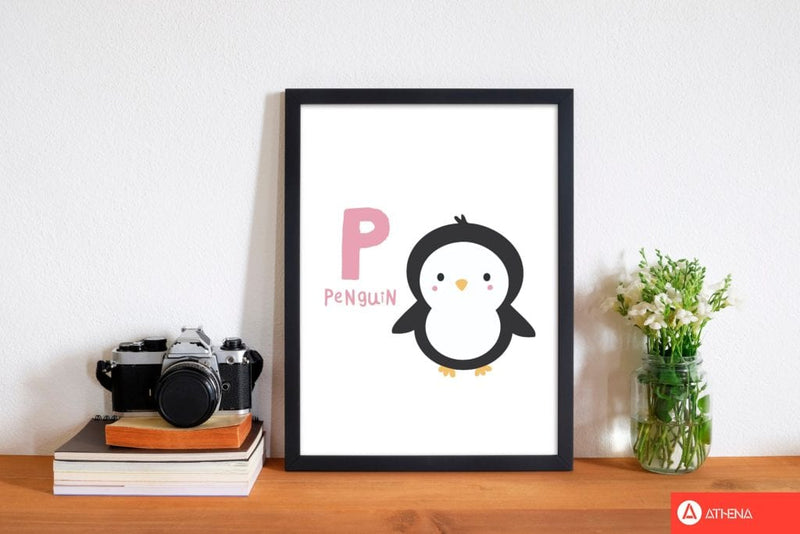 Alphabet animals, p is for penguin modern fine art print, framed childrens nursey wall art poster