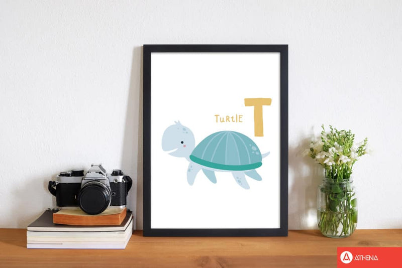 Alphabet animals, t is for turtle modern fine art print, framed childrens nursey wall art poster
