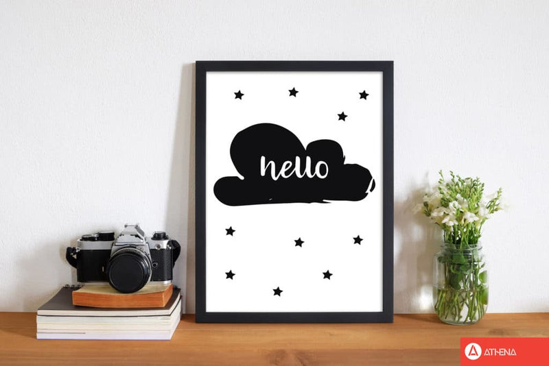 Hello cloud black modern fine art print, framed childrens nursey wall art poster