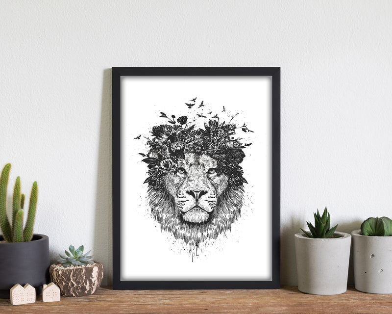Floral Lion B&W Animal Art Print by Balaz Solti