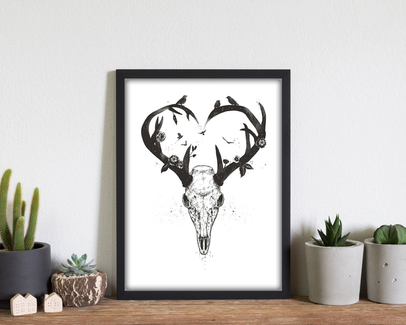 Never-ending Love Deer Skull B&W Animal Art Print by Balaz Solti