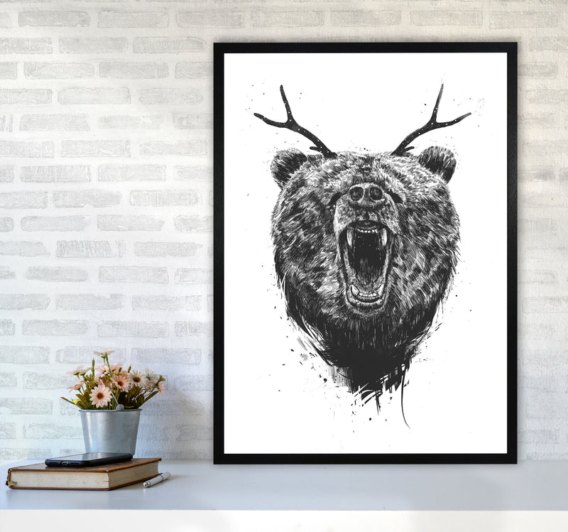 Angry Bear With Antlers Animal Art Print by Balaz Solti A1 White Frame