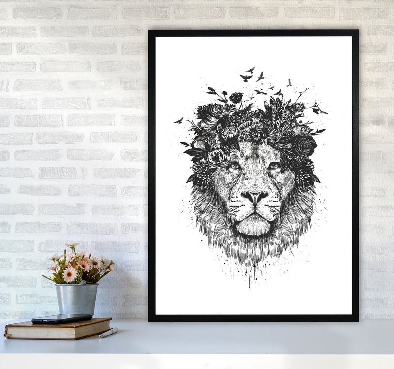 Floral Lion B&W Animal Art Print by Balaz Solti A1 White Frame
