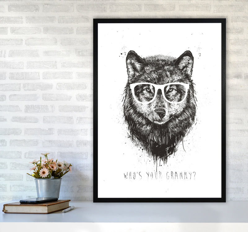 Who's Your Granny? Wolf B&W Animal Art Print by Balaz Solti A1 White Frame