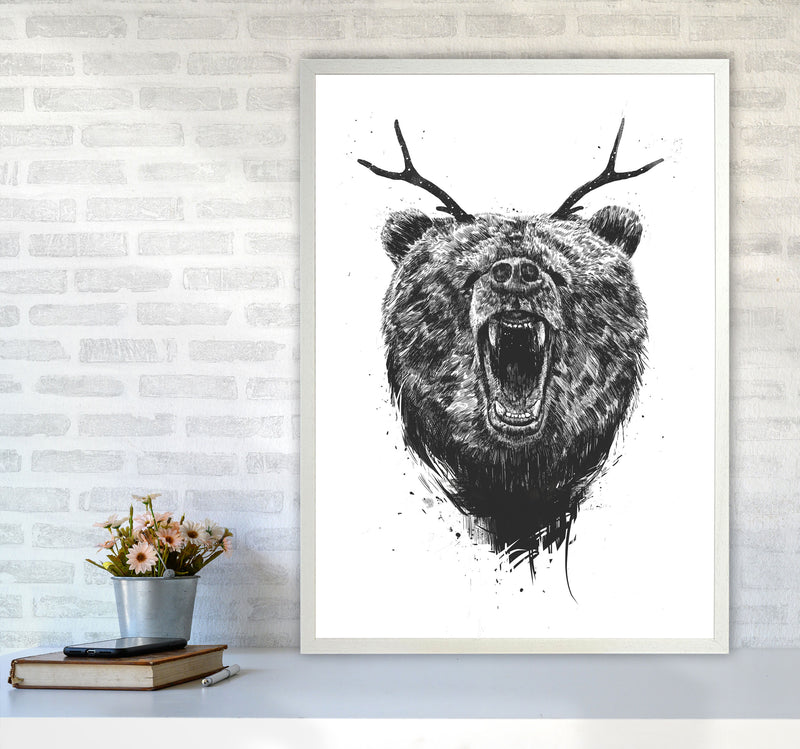 Angry Bear With Antlers Animal Art Print by Balaz Solti A1 Oak Frame